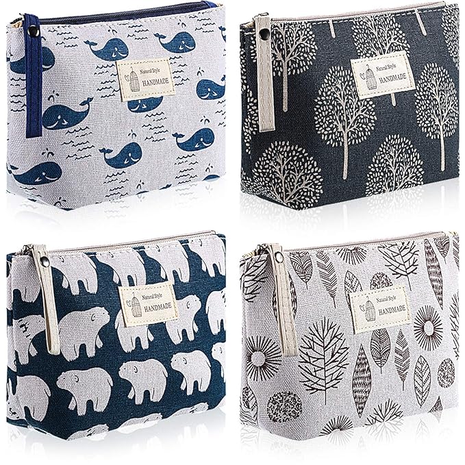 4 Pieces Canvas Cosmetic Bags Set Printed Makeup Bags with Zipper Multi-Functional Canvas Travel Pouch for Women Girls Vacation Travel Toiletry Bag, 4 Styles (Whale, Bear, Tree, Leave, Small)