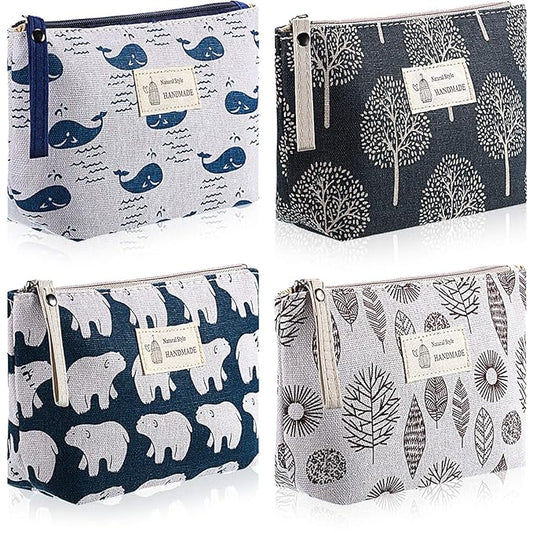 4 Pieces Canvas Cosmetic Bags Set Printed Makeup Bags with Zipper Multi-Functional Canvas Travel Pouch for Women Girls Vacation Travel Toiletry Bag, 4 Styles (Whale, Bear, Tree, Leave, Small)