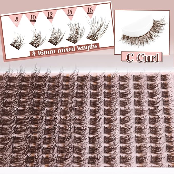 Brown Lash Clusters Kit Natural Dark Brown Eyelash Extensions Kit Wispy Individual Lashes C-Curly Cluster Lashes Extensions with Bond and Seal Lash Glue and Eyelashes Tweezers Lash Kit