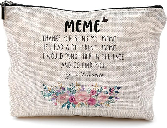 Funny Meme Gifts Makeup Cosmetic Bag - Meme Gifts for Grandma, Grandkids & Mom; Floral Small Makeup Bag for Purse