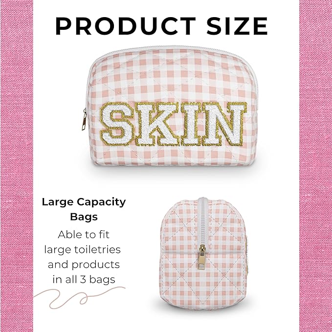 3pc Checker Makeup Cosmetic Bag Preppy Patch Travel Pouch for Women Chenille Letter Patch Small Portable Cosmetic Bag (Pink & White) (Bag Without Handle)