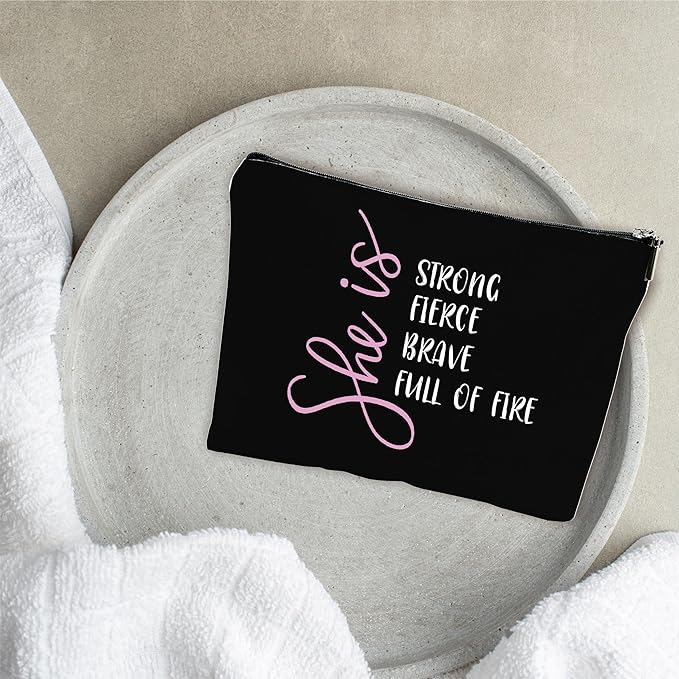 Minimalism Makeup Bag - She Is Strong, Fierce, Brave, Full Of Fire - Energy Quotes Cosmetic Bag, Toiletry Bag Gift For Girls, Teen, Personal Care & Accessories(Dark) - A08