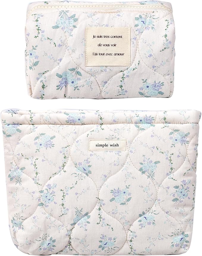 2 Pieces Floral Makeup Bag, Cute Travel Quilted Pouch Cosmetic Bag Organizer, Small Cotton Coquette Aesthetic Purse Toiletry Bag for Women Girls accessories (2PCS-Blue Floral)