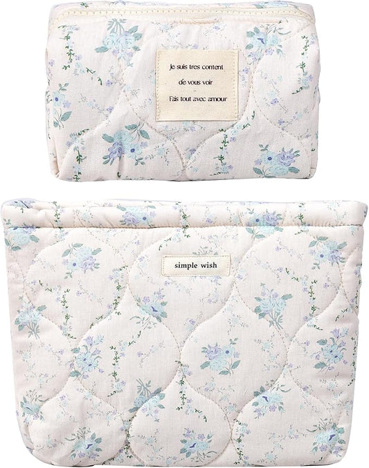 2 Pieces Floral Makeup Bag, Cute Travel Quilted Pouch Cosmetic Bag Organizer, Small Cotton Coquette Aesthetic Purse Toiletry Bag for Women Girls accessories (2PCS-Blue Floral)