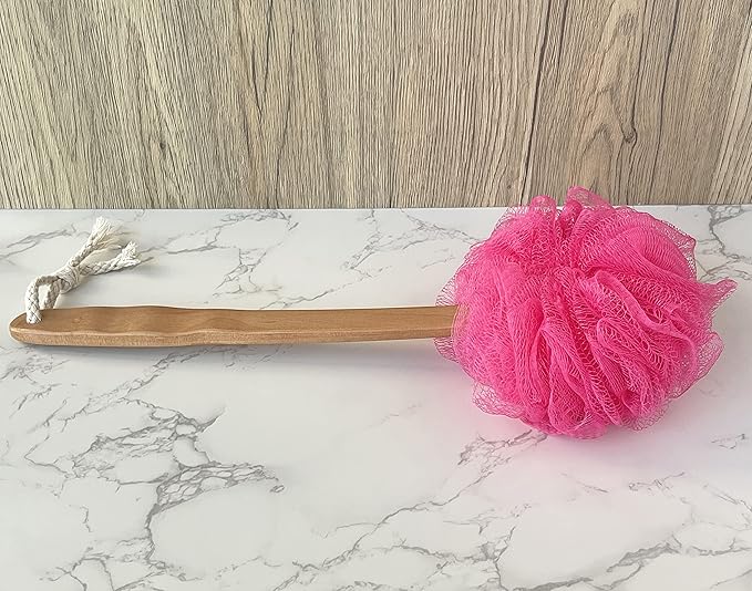 Shower Loofah Body & Back Scrubber - Exfoliating Loofah Bath Brush On a Stick - with Long Wooden Handle Back Brush for Men & Women - Easy Reach Body Wash & Lotion Applicator（Red）