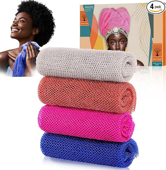 4 Pieces African Net Sponge – Deep Exfoliating Mesh Bath Scrubber for Silky Smooth Skin, Quick Drying & Long-Lasting, Great for Full Body & Back Scrubbing（Brown, Blue, Purple,Grey