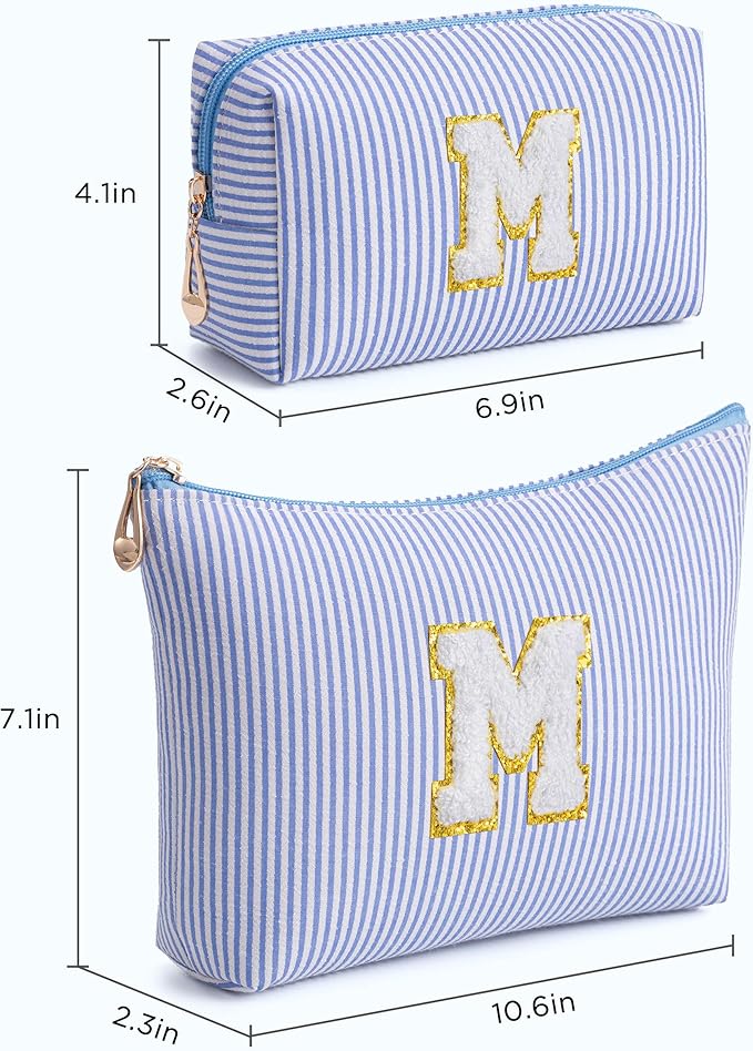 Blue Personalized Initial Makeup Bag Set, Cute Preppy Travel Toiletry Cosmetic Bags, Small Make Up Pouch, Birthday Gifts for Women, Girls, Friends, (M)