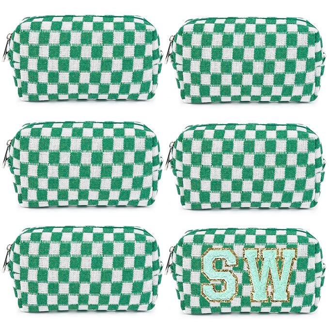 6 Pcs Preppy Makeup Bag Checkered Cosmetic Bag Bulk Green Makeup Pouch Personalize Travel Toiletry Bag Organizer Cute DIY Makeup Brushes Storage Bag for Women