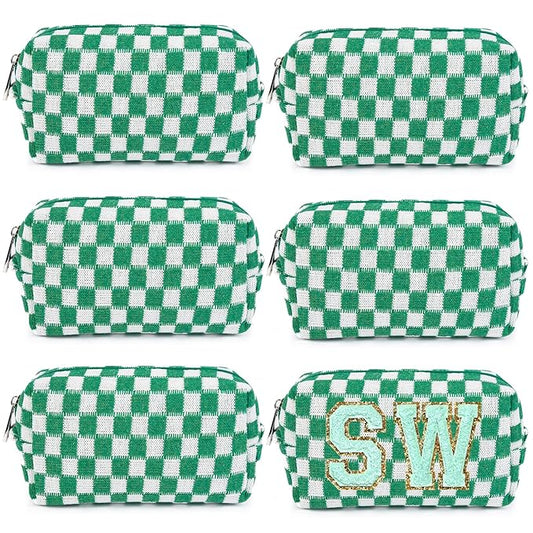 6 Pcs Preppy Makeup Bag Checkered Cosmetic Bag Bulk Green Makeup Pouch Personalize Travel Toiletry Bag Organizer Cute DIY Makeup Brushes Storage Bag for Women