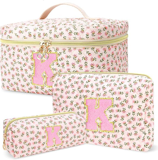 3 PCS Travel Makeup Bag Set, A-Z Initials Cotton Make up Bag Floral Quilted Cosmetic Bag for Girls and Women, Personalized Cute Toiletry Bag Travel Accessories Brushes Bag Flower - K