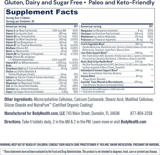 BodyHealth Multi Complete (120 Ct) Daily Multivitamin for Men and Women with Whole Foods, Minerals, Antioxidants, Organic Green Food Concentrates, and Liver Detox Extracts, Vegan and Non GMO