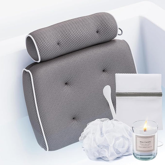 SunSerenity Luxury Bath Pillow - Relaxing Tub Accessory for Head and Back, Unscented Candle, Sponge Loofah, Laundry Bag, & Suction Tool (White on Grey)
