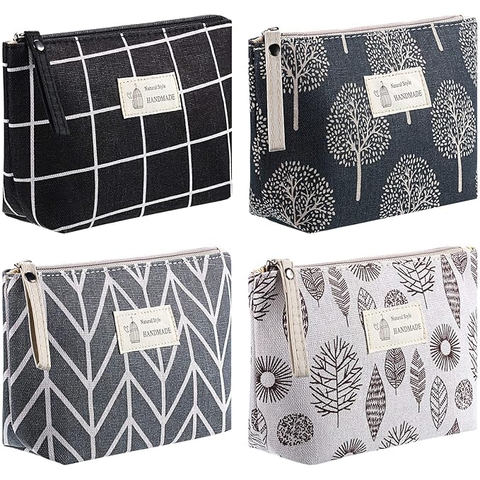 4 Pieces Canvas Cosmetic Bags Set Printed Makeup Bags with Zipper Multi-Functional Travel Pouch for Women Girls Vacation Travel Toiletry Bag, 4 Styles (Arrow, Plaid, Tree, Leave, Small)