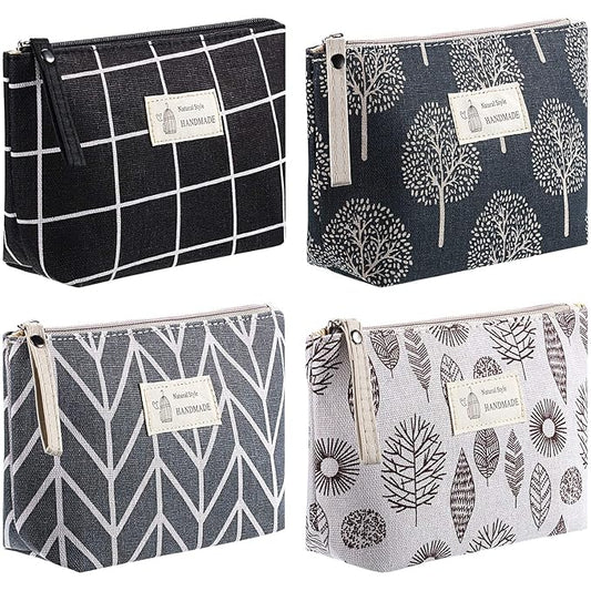 4 Pieces Canvas Cosmetic Bags Set Printed Makeup Bags with Zipper Multi-Functional Travel Pouch for Women Girls Vacation Travel Toiletry Bag, 4 Styles (Arrow, Plaid, Tree, Leave, Small)