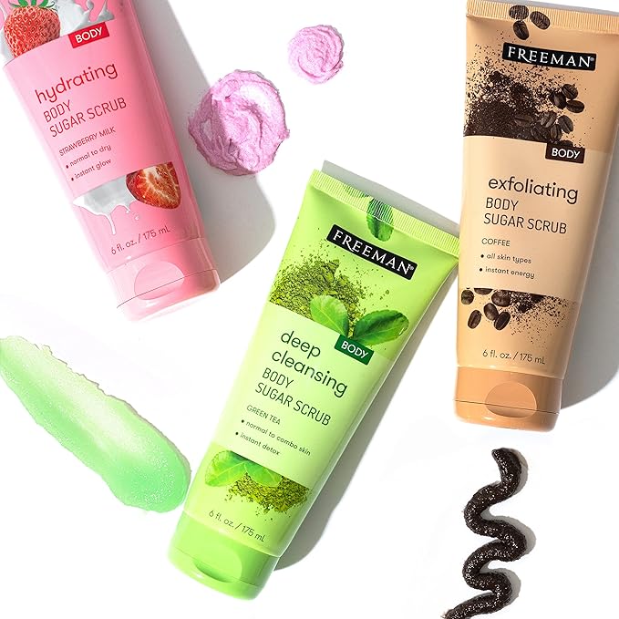 Freeman Sugar Body Scrub Set, Strawberry Milk, Green Tea, and Coffee Body Scrubs, Hydrating, Exfoliating, & Deep-Cleansing Skincare, Removes, Dirt, Oil, & Impurities, Self-Tan Prep, 3 Count