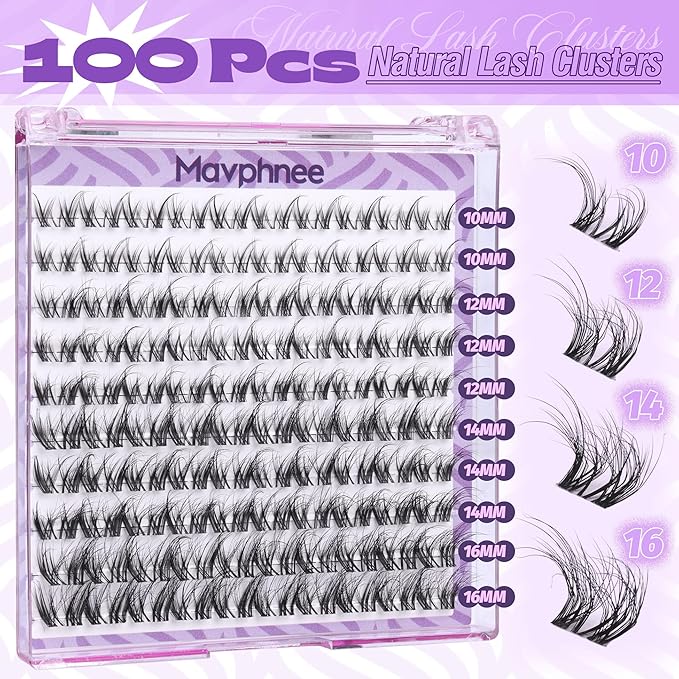Mavphnee Lash Clusters Wispy Cluster Eyelash Extensions Natural Lash Individuals 10-16MM Mixed Clear Band Eyelashes Clusters LC-Curly Cluster Lashes 100 Pcs DIY at Home Soft Individual Eyelashes Pack