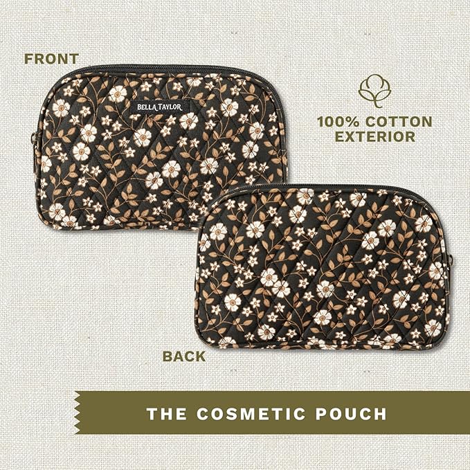 Bella Taylor Large Quilted Cotton Makeup Pouch for Women, Travel Cosmetic Bag, Quilted Cotton Vintage Vine Midnight Black Floral