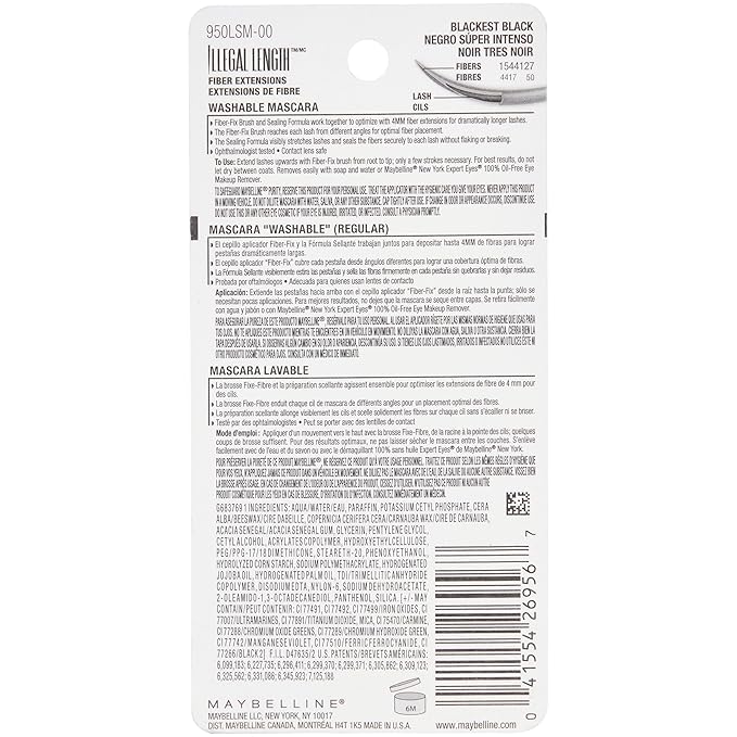 Maybelline Illegal Length Fiber Extensions Washable Mascara, Instant Lashes, No Flaking, Blackest Black, 1 Count