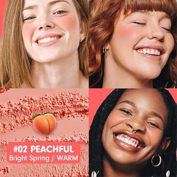 PEACH C Cheerful Blusher | Creamy Powder Blush for Cheeks | Korean Makeup | Fine Pigmented | Compact Make Up 0.14 Oz. (02 Peachful)