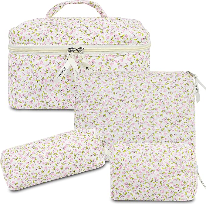 4Pcs Quilted Makeup Bag Set Cute Floral Cosmetic Bag Cotton Coquette Make up Bag Aesthetic Travel Toiletry Bag for Women Girls