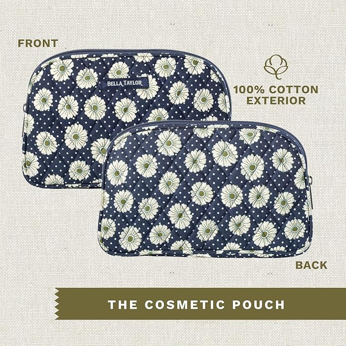 Bella Taylor Large Quilted Cotton Makeup Pouch for Women, Travel Cosmetic Bag, Quilted Cotton Dotted Daisy Navy Floral