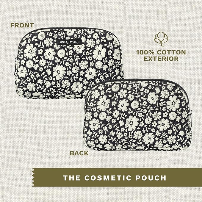 Bella Taylor Large Quilted Cotton Makeup Pouch for Women, Travel Cosmetic Bag, Quilted Cotton Bicolor Floral Black and Cream