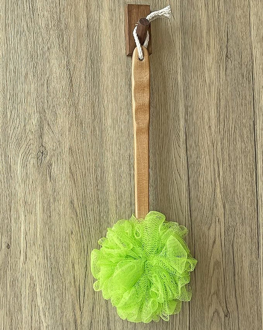 Shower Loofah Body & Back Scrubber - Exfoliating Loofah luffa Bath Brush On a Stick - with Long Wooden Handle Back Brush for Men & Women - Easy Reach Body Wash & Lotion Applicator（ 2 Pack- Green）