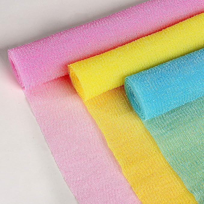 ARCH&M Exfoliating Washcloth Body Scrubber Back Scrubber for Shower Japanese Beauty Washcloth Bath Wash Cloth Korean Exfoliation Luffah Towel Net Sponge Loofah Body Scrub 3 Pack (Yellow x 3)