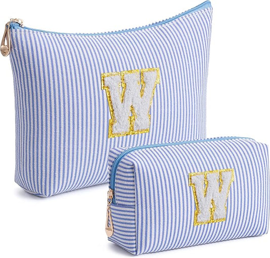 Blue Personalized Initial Makeup Bag Set, Cute Preppy Travel Toiletry Cosmetic Bags, Small Make Up Pouch, Birthday Gifts for Women, Girls, Friends, (W)