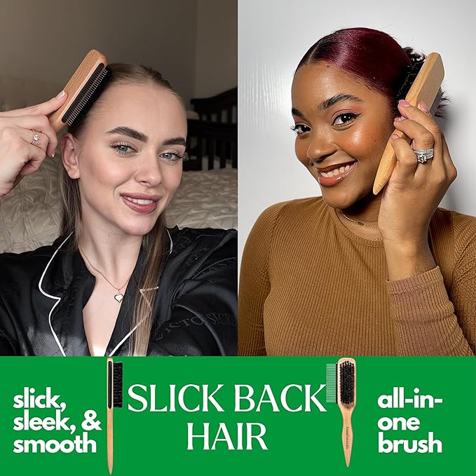 GranNaturals Boar Bristle Slick Back Hair Brush w/Comb for Smoothing Sleek Ponytail Bun - Wide Rat Tail & Metal Comb Hairbrush for Parting, Teasing, Backcombing, Sectioning, Edge Control, Flyaways