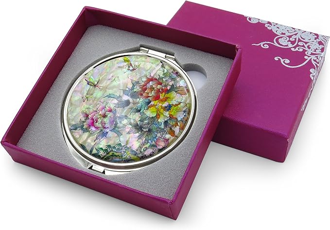 MADDesign Mother of Pearl Compact Makeup Mirror Folding Magnify Butterfly Flowers Pink Yellow