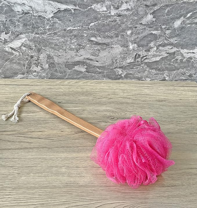 Shower Loofah Body & Back Scrubber - Exfoliating Loofah Bath Brush On a Stick - with Long Wooden Handle Back Brush for Men & Women - Easy Reach Body Wash & Lotion Applicator（Red）