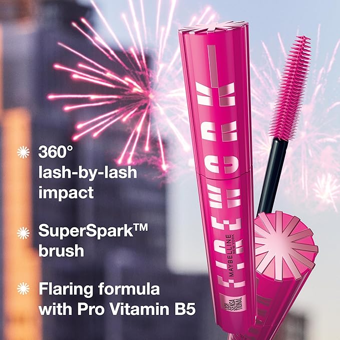 Maybelline Lash Sensational Firework Washable Mascara, Lengthening & Volumizing Mascara for up to 24HR wear, Very Black, 1 Count