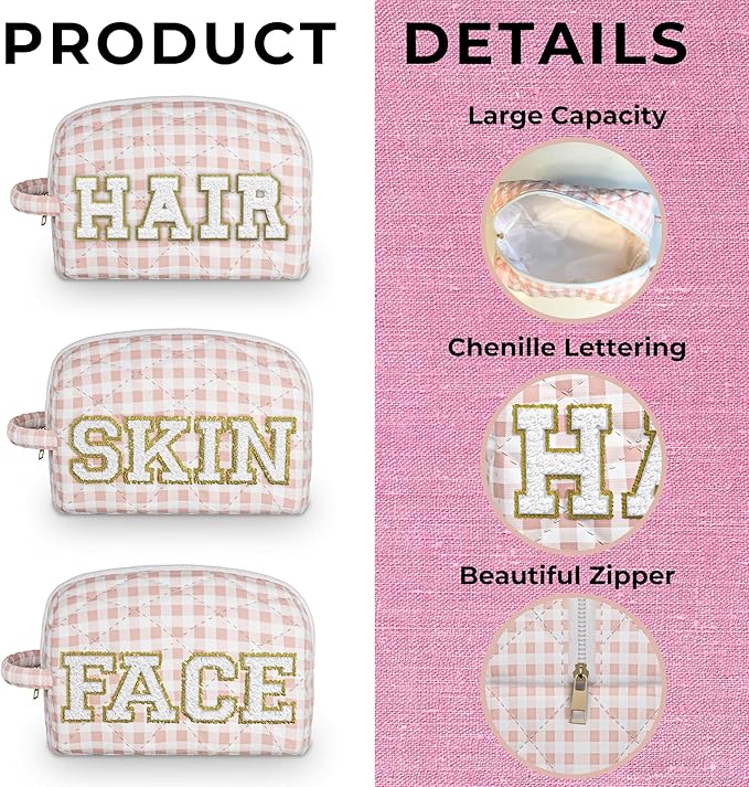 3pc Checker Makeup Cosmetic Bag Preppy Patch Travel Pouch for Women Chenille Letter Patch Small Portable Cosmetic Bag (Pink & White) (Bag With Handle)