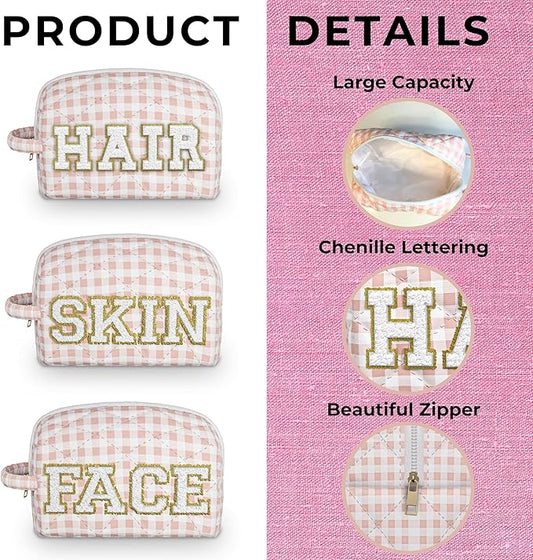 3pc Checker Makeup Cosmetic Bag Preppy Patch Travel Pouch for Women Chenille Letter Patch Small Portable Cosmetic Bag (Pink & White) (Bag With Handle)