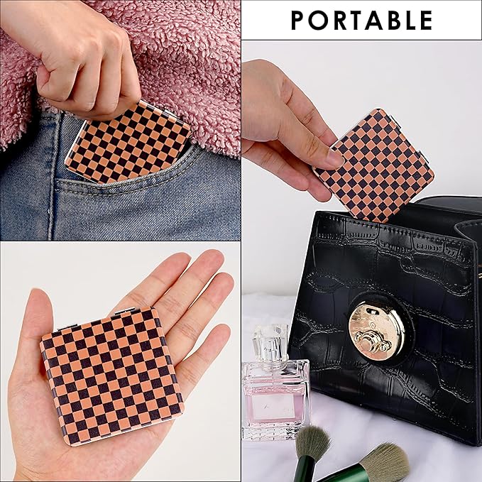 2 Pack Compact Mirror Black Brown Checkered Pattern, Portable Pocket Mirror with Double-Sided Magnification for Makeup, Touch-up and Travel