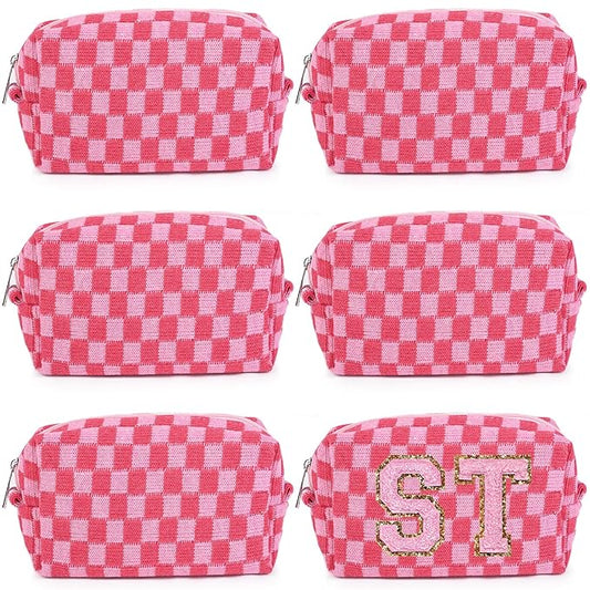 6 Pcs Preppy Makeup Bag Bulk Checkered Cosmetic Bag Pink Makeup Pouch Personalize Travel Toiletry Bag Organizer Cute DIY Makeup Brushes Storage Bag for Women