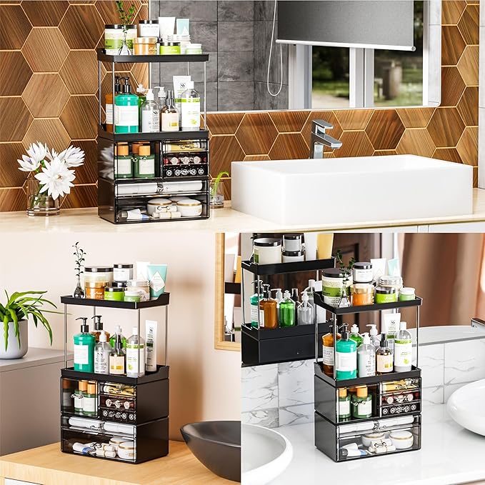 3 Tier 6-Drawer Bathroom Counter Organizer Shelf - Stackable Design - 18.9" Tall Large Skin Care Organizer Suitable as Makeup,Beauty,Face Product,Lotion,Skincare Organizers,Black