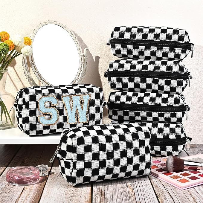 6 Pcs Preppy Makeup Bag Bulk Checkered Cosmetic Bag Black Makeup Pouch Personalize Travel Toiletry Bag Organizer Cute DIY Makeup Brushes Storage Bag for Women