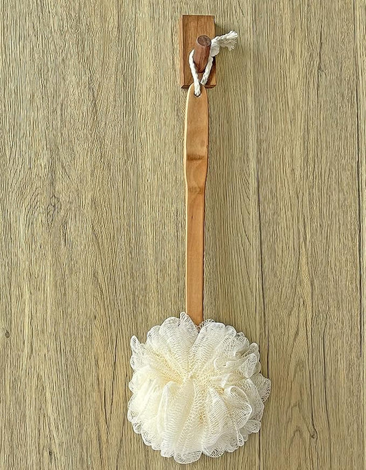 Shower Loofah Body & Back Scrubber - Exfoliating Loofah luffa Bath Brush On a Stick - with Long Wooden Handle Back Brush for Men & Women - Easy Reach Body Wash & Lotion Applicator（ 2 Pack- White）