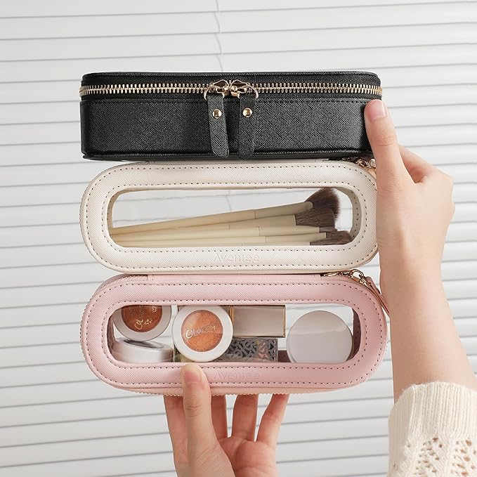 Aveniee Slim Clear Makeup Brush Bag, Small Cosmetic Brush Holder, Mini Travel Toiletry Case for Women, Thin Make up Organizer with Dual Zipper for Travel Essentials - White
