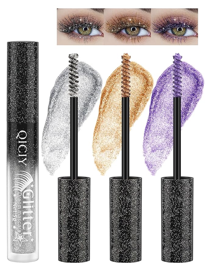 3PCS Glitter Mascara, Define Long Lasting & Waterproof Curling Eyelashes, Diamond Sparkle Mascara, Voluminous Lengthening for Women Party Stage Use