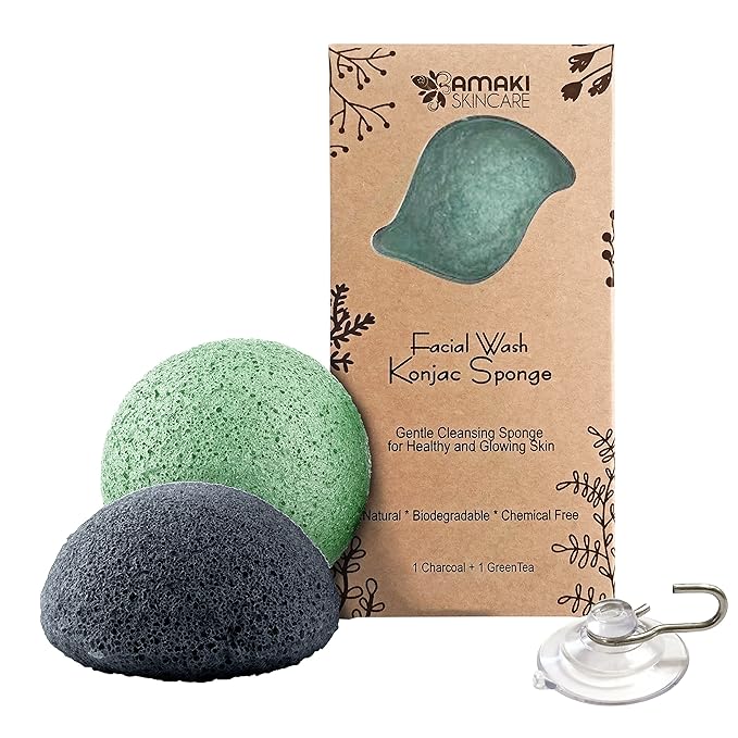AMAKI SKINCARE Konjac Sponge Facial Cleanser with Added Green Tea and Activated Bamboo Charcoal-Sensitive to Oily and Acne Prone Skin Gentle Face Scrub, Face Sponges for Cleansing and Exfoliating