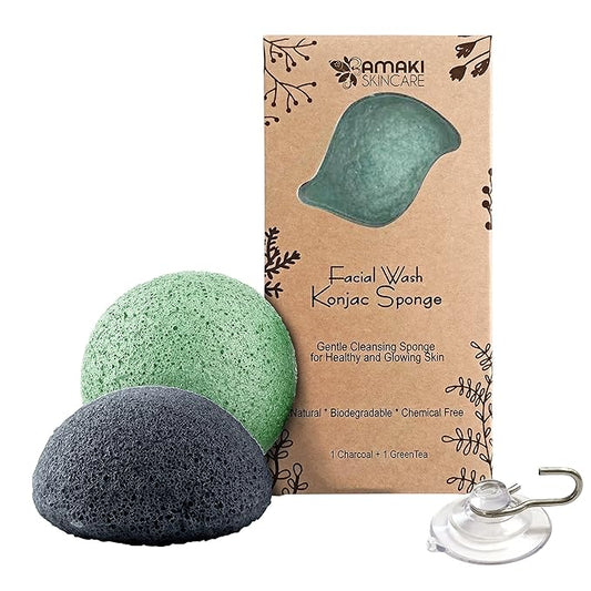 AMAKI SKINCARE Konjac Sponge Facial Cleanser with Added Green Tea and Activated Bamboo Charcoal-Sensitive to Oily and Acne Prone Skin Gentle Face Scrub, Face Sponges for Cleansing and Exfoliating