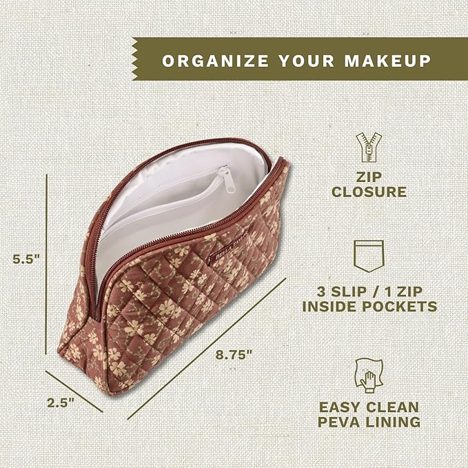 Bella Taylor Large Makeup Pouch for Women | Quilted Cotton Cosmetic Bag for Travel and Organization | Burgundy Floral