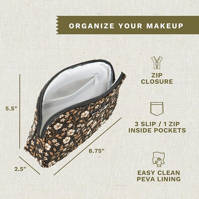Bella Taylor Large Quilted Cotton Makeup Pouch for Women, Travel Cosmetic Bag, Quilted Cotton Vintage Vine Midnight Black Floral