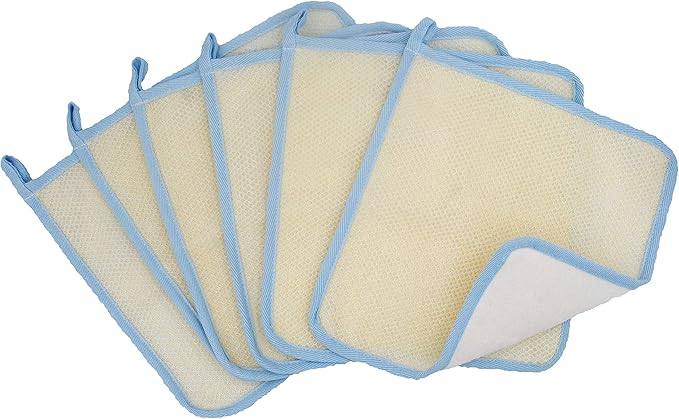 (6 Pack) Dual-Sided Exfoliating Skin Towel Natural Terry Body Cloth Scrubber Premium Sturdy Loofah Towel Soft and Buffing Wash Cloth White for Either Oil or Dry Skin