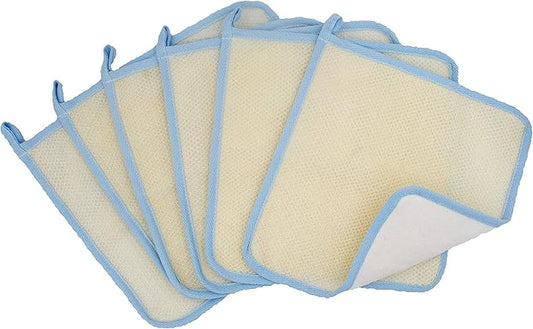 (6 Pack) Dual-Sided Exfoliating Skin Towel Natural Terry Body Cloth Scrubber Premium Sturdy Loofah Towel Soft and Buffing Wash Cloth White for Either Oil or Dry Skin