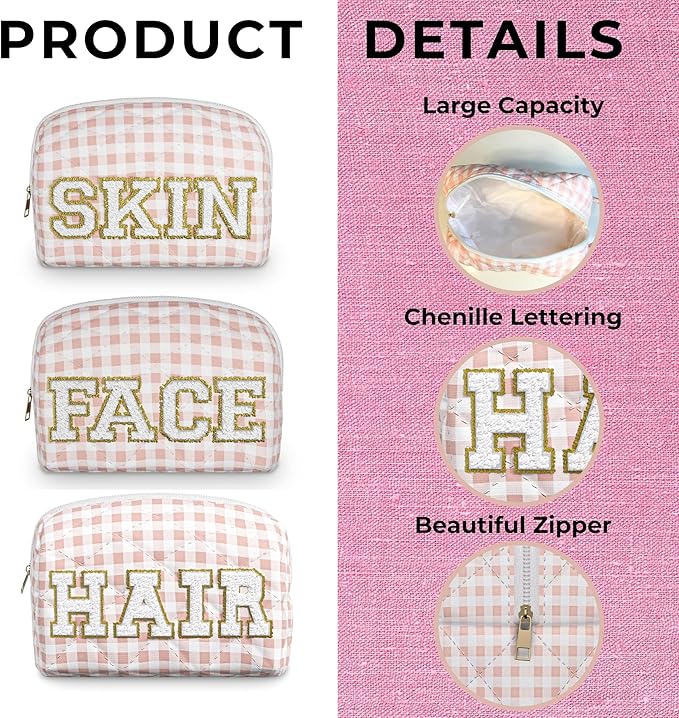3pc Checker Makeup Cosmetic Bag Preppy Patch Travel Pouch for Women Chenille Letter Patch Small Portable Cosmetic Bag (Pink & White) (Bag Without Handle)