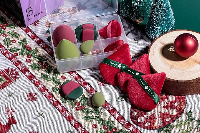 Makeup Sponge Set BS-MALLTriangle Puff 14 Pcs for Liquid, Cream, and Powder, Multi-colored Makeup Sponges and Mini Makeup Sponge (Green Red)